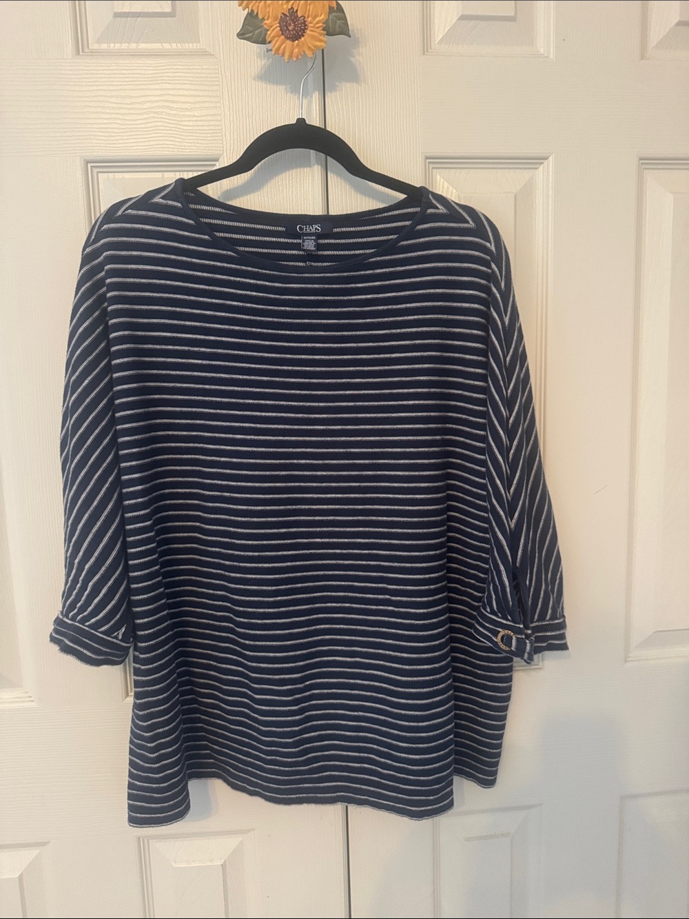 Chaps Navy & White Striped Boatneck 3/4 Sleeve Top with Tab Detail
